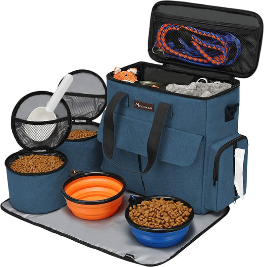 "Pet Travel Essentials: Airline Approved Dog Travel Bag with Food Containers, Bowls, and Feeding Mat (Blue)"